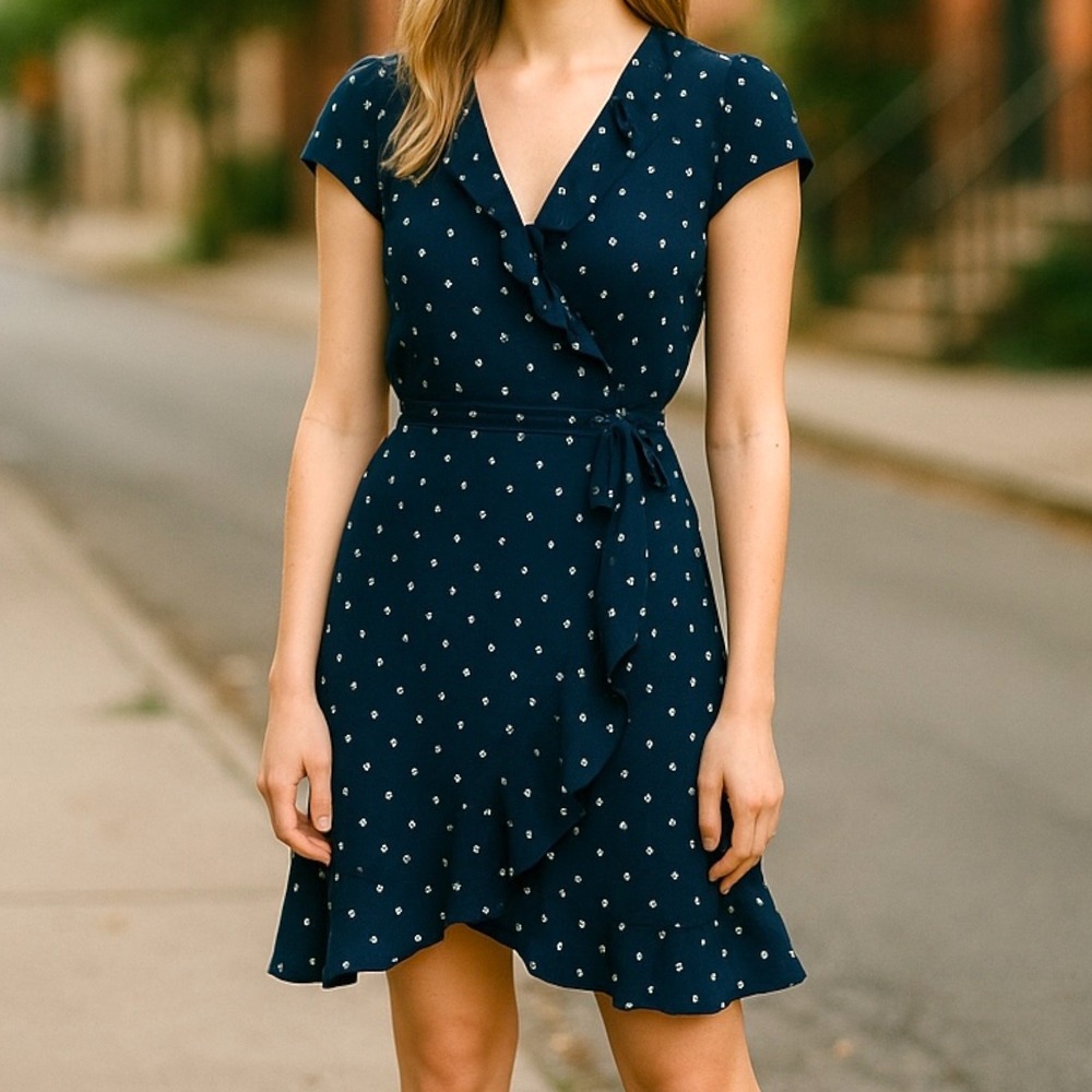 Sunday Best | Aritzia Savoy Wrap Dress Heart Print Navy Size 2 Elevated‎ Casual